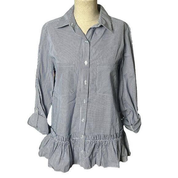 Drew Owen Blouse Top Medium Pinstripe Peplum Ruffle Roll Tab Sleeve  NWT $174 - Picture 1 of 6